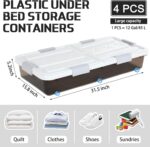 4 Pcs Plastic Under Bed Storage Containers with Double Opening Lids Wheel Handle, Transparent Large Capacity Stackable Latching Storage Bins for Closet Bedroom, 31.5 x 15.8 x 5.2 Inch (Brown) - Image 3