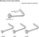 OMAIGAR Nose Rings Studs, 60pcs Straight or L-Shaped or Screw Nose Studs for Women Men, Surgical Stainless Steel Hypoallergenic Nose Piercing Jewelry 1.5/2/2.5mm Size Rhinestone and Ideal Gift - Image 5