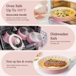 KIKCOIN 5 Pack Ceramic Pots and Pans Set Non Stick, Kitchen Cookware Set Detachable Handle, Non Toxic Cooking Set with Removable Handles, Induction Dishwasher/Oven Safe, Ollas de Cocina, Pink - Image 6