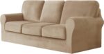 7 Pieces Velvet High Stretch Sofa Covers for 3 Cushion Couch Sofa Slipcovers, Washable Furniture Protector with Drawstring Anti Slip Bottom, Soft and Plush Fabric for Kids and Pet (Sand) - Image 3