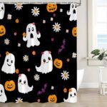 Halloween Floral Ghost Shower Curtain Cute Funny Cartoon Ghost Bat Pumpkin Spooky Boho Floral Vintage Halloween Holiday Black Fabric Bath Curtain with Hook - Image 3