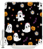 Halloween Floral Ghost Shower Curtain Cute Funny Cartoon Ghost Bat Pumpkin Spooky Boho Floral Vintage Halloween Holiday Black Fabric Bath Curtain with Hook - Image 4
