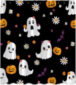 Halloween Floral Ghost Shower Curtain Cute Funny Cartoon Ghost Bat Pumpkin Spooky Boho Floral Vintage Halloween Holiday Black Fabric Bath Curtain with Hook - Image 5