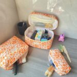 Orange Large Quilted Floral Makeup Bag Set of 3 Cute Coquette Aesthetic Cosmetic Bag Set Travel Toiletry Bag for Women - Image 3