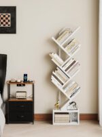 Casaottima 6-Tier Tree Bookshelf for Corner & Small Space — Narrow Steel & Wood Bookcase, Tall Floor Standing Book Organizer Shelf with Storage Cabinet, Home Decor for Living Room, Bedroom, White - Image 3