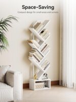 Casaottima 6-Tier Tree Bookshelf for Corner & Small Space — Narrow Steel & Wood Bookcase, Tall Floor Standing Book Organizer Shelf with Storage Cabinet, Home Decor for Living Room, Bedroom, White - Image 5