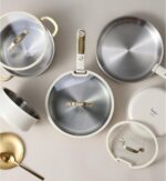 CAROTE 19pcs Tri-Ply Stainless Steel Cookware Set with Detachable Handle, Pots and Pans Set, Induction Kitchen Cooking Sets, RV/Camping Cookware, Outer Ceramic Layer, Oven Safe, Cream White - Image 5