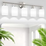 5-Light Brushed Nickel Vanity Lights, Bathroom Light Fixtures with Textured Milky White Glass Shade, Modern Bathroom Lighting Fixtures Over Mirror Wall Sconce Light - E26 Base - Image 8