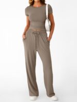 Trendy Queen 2 Piece Matching Summer Sweatsuit Lounge Set Womens Wide Leg Pants Side Ruching Crop Top Sets - Image 3