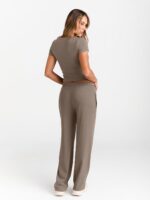 Trendy Queen 2 Piece Matching Summer Sweatsuit Lounge Set Womens Wide Leg Pants Side Ruching Crop Top Sets - Image 5