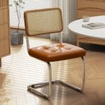 Rattan Dining Chairs Set of 2, Modern Dining Room Chairs with Solid Wood for Kitchen Living Room, Mid Century Breuer, Upholstered Faux Leather Brown - Image 7