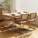 Rattan Dining Chairs Set of 2, Modern Dining Room Chairs with Solid Wood for Kitchen Living Room, Mid Century Breuer, Upholstered Faux Leather Brown - Image 8