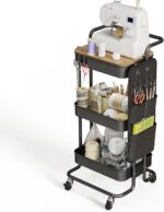 DTK 3 Tier Metal Utility Rolling Cart with Table Top and Side Bags, Tray Storage Organizer Wheels, Art Craft 4 Hooks for Kitchen Bathroom Office Living Room (Black) - Image 10
