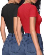 HOTOUCH Deep V Neck Tops for Women Sexy Low Cut Summer Ribbed Knit T Shirts Slim Fit Stretchy Basic Fashion Tee - Image 3