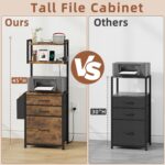 Small 3 Drawer File Cabinet with Charging Station, 45''H, 3-Tier Filing Cabinet for Home Office, 11''*16'' for Small Printer, Fabric Drawer Fits Letter/A4, Tall Printer Stand, Rustic Brown - Image 9