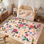 Floral 5x7 Area Rug Machine Washable Soft Print Boho Carpet Non Slip Doormat Low Pile Flower Area Rugs for Living Room Bedroom Nursery Kitchen Dining Room Indoor-Pink - Image 3