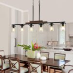 Dining Room Light Fixture Over Table, Farmhouse 6-Light Kitchen Island Lighting, Linear Black Chandelier with Clear Glass Shades, Modern Rustic Wood Pendant Kitchen Lights, with Adjustable Height - Image 3