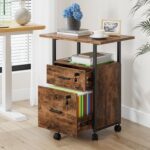 GYIIYUO 2 Wood Drawer Lockable File Cabinet with 22'' Extended Desktop, Mobile Filing Cabinet with Side Bag, Rolling Printer Stand, Fits A4&Letter Size, Home Office, Rustic Brown - Image 3