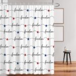 Lofaris Freedom Patriotic Shower Curtain 72x72 Inches, Red Blue Stars Cursive Script Design, Polyester Fabric with 12 Hooks, USA Independence Day Bathroom Decor - Image 3