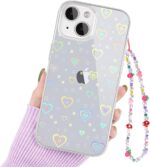 for iPhone 14 Case, [5 in 1] Cute Clear Laser Glitter Heart Case +Lucky Chain+3*Camera Len Protector Soft TPU Shockproof Case for iPhone 14 - Image 3