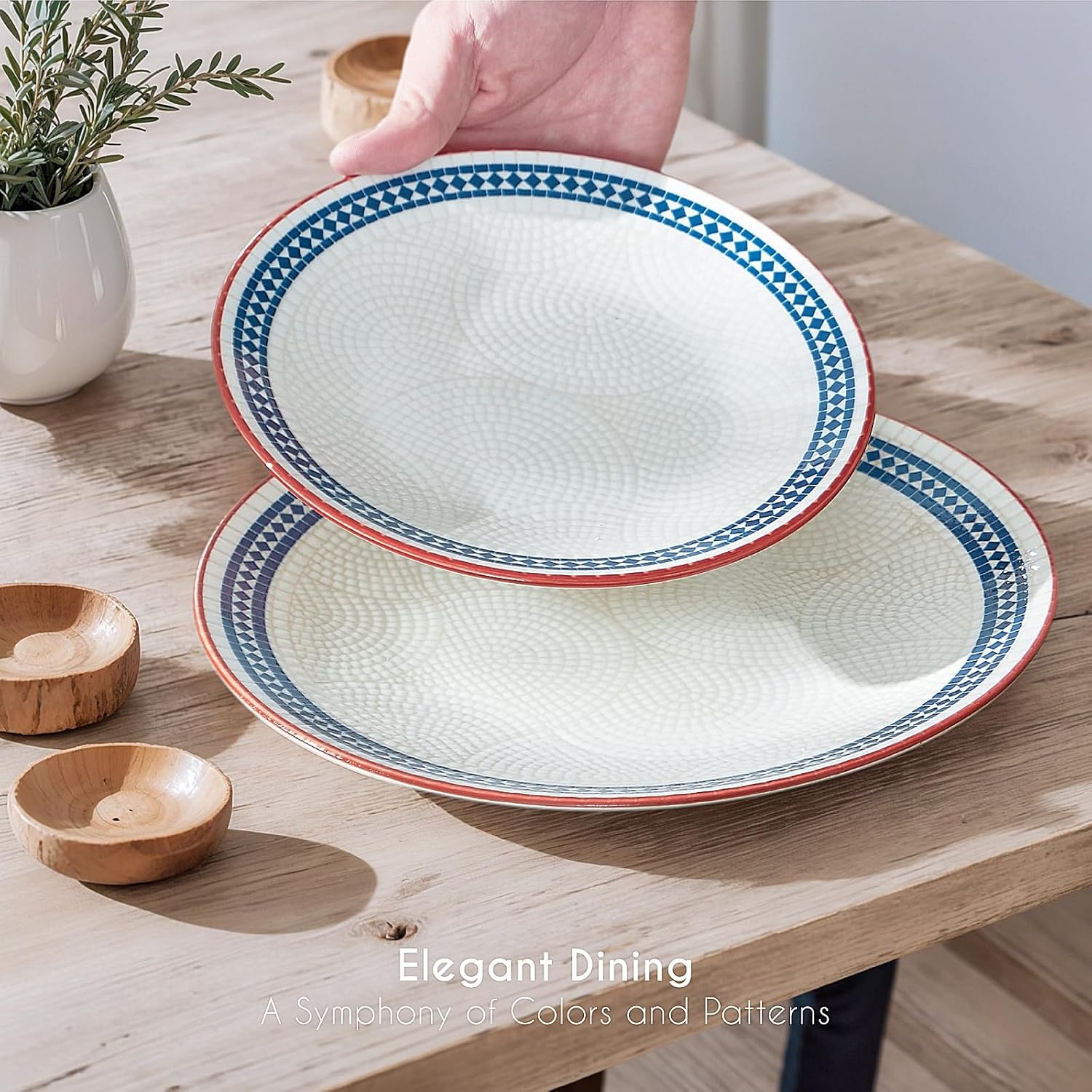 12-Piece Stoneware Dinnerware Set for 4, Geometric Vintage Plates & Bowls, Scratch-resistant Dishwasher & Microwave Safe Dishware, Modern Tableware Service for Everyday Use or Entertaining - Image 7
