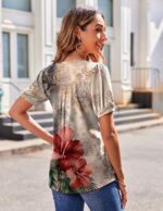 Zeagoo Women's Puff Short Sleeve Boho Shirts Casual V Neck Floral Solid Summer Blouse Pleated Tunic Top - Image 5