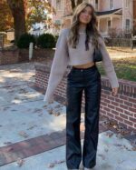 Women's Faux Leather Pants Button PU Jeans Straight Wide Leg Trousers with Pockets - Image 3