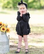 RuffleButts Baby/Toddler Girls Black Flutter Bubble Romper - 0-3m - Image 5