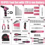 Pink Tool Set - 12V Cordless Drill Kit, 151 Piece Box With Hand Drill, Home Tool Kits for Men & Women, Perfect for Homeowner, Diyer, Handyman - Image 3