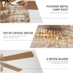 Crystal Ceiling Fan Fandelier with Lights - 52" Modern Outdoor Fans with Remote Control，Noiseless AC Motor, Retro/Farmhouse Lighting, Dining Room,Living Room (Gold - Image 3