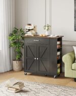 Kitchen Island Cart with Storage, Kitchen Cart with Charging Station, Kitchen Island on Wheels, Rolling Mobile Kitchen Island Table with Cabinet, 3 AC Outlets, Black and Walnut MZD04UBL - Image 5