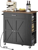 Kitchen Island Cart with Storage, Kitchen Cart with Charging Station, Kitchen Island on Wheels, Rolling Mobile Kitchen Island Table with Cabinet, 3 AC Outlets, Black and Walnut MZD04UBL - Image 10