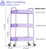 TOOLF 3-Tier Metal Rolling Cart with Wheels, Storage Utility Organizer Cart for Kitchen, Bathroom, Office, Baby Essentials & Makeup - Lockable Casters, Easy Assembly, Large Capacity, Purple - Image 3