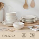 MALACASA 12 Pieces Dinnerware Sets, Modern Relief Design Plates and Bowls Sets, White Dish Set for 4, Kitchen Ceramic Dinner Plates Dishware Set, Microwave and Dishwasher Safe, Series LYDIA - Image 5