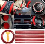 BBTO 43 Pcs Bling Car Accessories Set for Women Front Seats and Rear Bench Polyester Car Seat Protectors Wheel Cover Seat Floor Mats Full Crystal Automotive Interior Decor(Red and Black) - Image 4