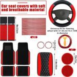 BBTO 43 Pcs Bling Car Accessories Set for Women Front Seats and Rear Bench Polyester Car Seat Protectors Wheel Cover Seat Floor Mats Full Crystal Automotive Interior Decor(Red and Black) - Image 6