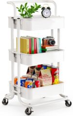 Pipishell 3 Tier Mesh Utility Cart, Rolling Metal Organization Cart with Handle and Lockable Wheels, Multifunctional Storage Shelves for Kitchen Living Room Office White - Image 9