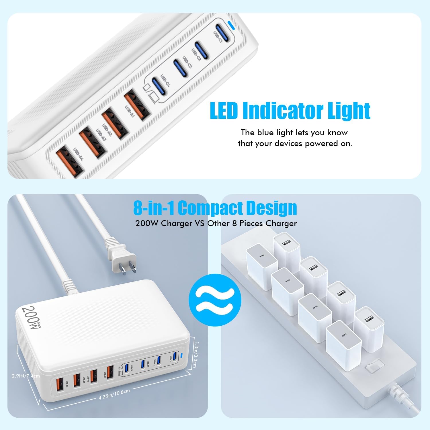 USB C Charger Block,200W GaN 8 Port USB C Charging Station USB Hub Block Cube Type C & USB A Wall Charger Power Adapter for Multiple Devices Apple iPhone 16/15/14,Steam Deck,MacBook Pro/Air,iPad Pro - Image 6