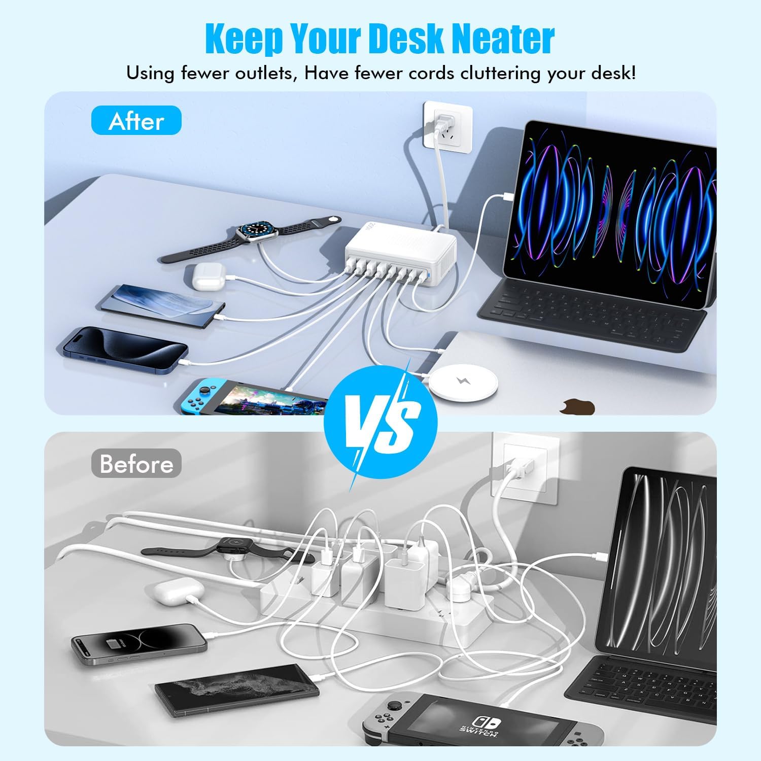 USB C Charger Block,200W GaN 8 Port USB C Charging Station USB Hub Block Cube Type C & USB A Wall Charger Power Adapter for Multiple Devices Apple iPhone 16/15/14,Steam Deck,MacBook Pro/Air,iPad Pro - Image 7