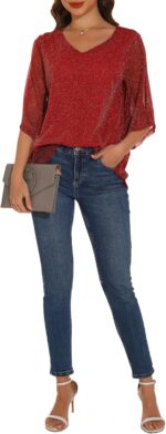 GUANYY Women's Ruffle 3/4 Sleeve Chiffon Tops Casual V Neck Double Layers Sheer Blouses Business Work Dressy Shirt S-XXL - Image 3