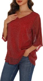 GUANYY Women's Ruffle 3/4 Sleeve Chiffon Tops Casual V Neck Double Layers Sheer Blouses Business Work Dressy Shirt S-XXL - Image 4