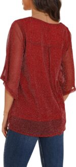 GUANYY Women's Ruffle 3/4 Sleeve Chiffon Tops Casual V Neck Double Layers Sheer Blouses Business Work Dressy Shirt S-XXL - Image 5