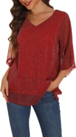 GUANYY Women's Ruffle 3/4 Sleeve Chiffon Tops Casual V Neck Double Layers Sheer Blouses Business Work Dressy Shirt S-XXL - Image 7