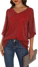 GUANYY Women's Ruffle 3/4 Sleeve Chiffon Tops Casual V Neck Double Layers Sheer Blouses Business Work Dressy Shirt S-XXL - Image 8
