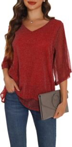 GUANYY Women's Ruffle 3/4 Sleeve Chiffon Tops Casual V Neck Double Layers Sheer Blouses Business Work Dressy Shirt S-XXL - Image 9