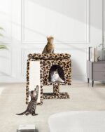 SYANDLVY Small Leopard Print Cat Tree with Perch for Indoor Cats, Cat Tower with Scratching Post, Modern Activity House for Large Cats, Condo with Board, Kittens Cave - Image 3