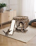 SYANDLVY Small Leopard Print Cat Tree with Perch for Indoor Cats, Cat Tower with Scratching Post, Modern Activity House for Large Cats, Condo with Board, Kittens Cave - Image 7