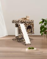 SYANDLVY Small Leopard Print Cat Tree with Perch for Indoor Cats, Cat Tower with Scratching Post, Modern Activity House for Large Cats, Condo with Board, Kittens Cave - Image 8