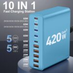 420W USB C Charger Block,10-Port Charging Station GaN Fast Charging Type C & USB A Wall Charger Adapter for MacBook Pro/Air,iPhone,iPad,Dell XPS,Samsung Galaxy(Blue) - Image 3