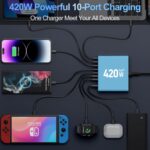 420W USB C Charger Block,10-Port Charging Station GaN Fast Charging Type C & USB A Wall Charger Adapter for MacBook Pro/Air,iPhone,iPad,Dell XPS,Samsung Galaxy(Blue) - Image 5